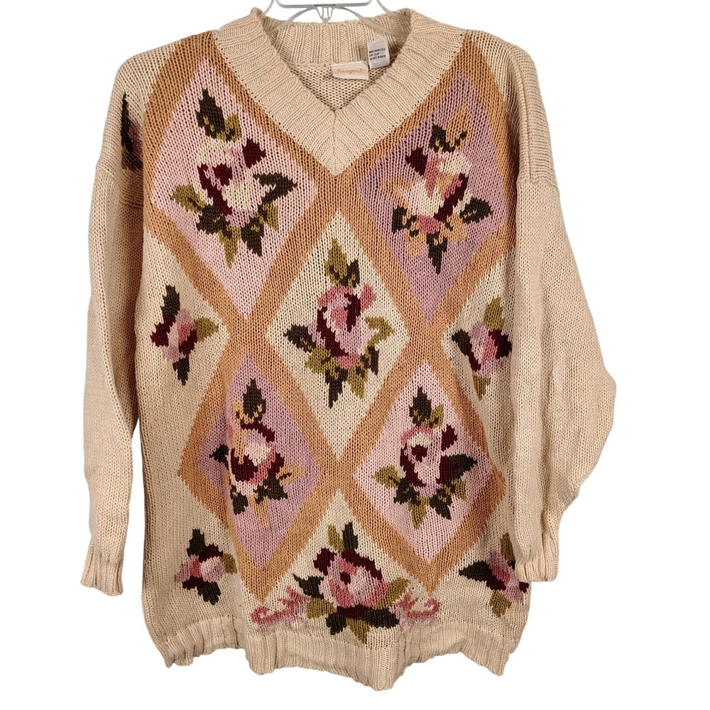 Incognito Womens L V-Neck Floral Argyle Sweater Cream Ramie Cotton Cottagecore